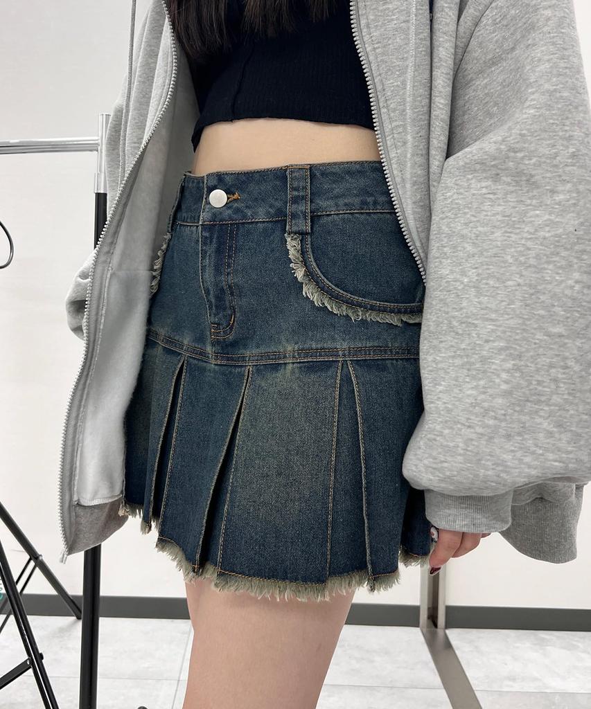 WEGO Figments Pleated Fringe Denim Mini Korean Perfect for and Size Medium Denim Skirt, Casual, Streetwear, Style, Spring, Summer, Autumn, Winter,