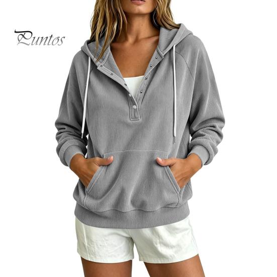 Long Sleeves Pullover Sweatshirt Autumn Women Corduroy Hoodie with Kangaroo Pocket, Solid Color Drawstring Hooded Sweatshirt, Button Collar Casual Top S