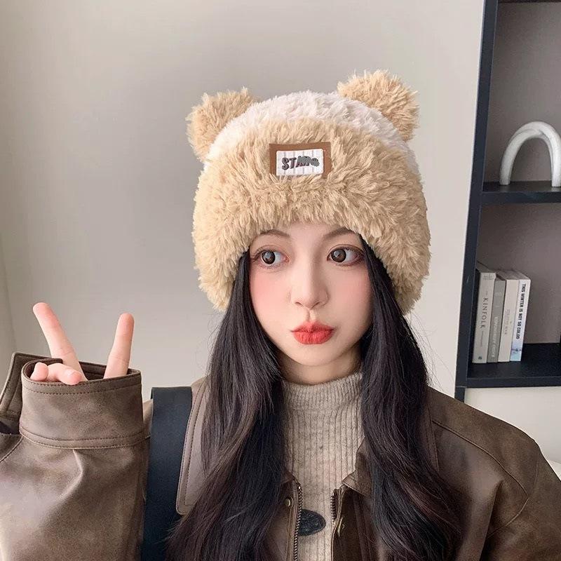 Autumn and Winter Cute Cat Ears Soft Plush Knitted Cold Hats for Women Outdoor Fashion Warm Versatile Pullover Beanies