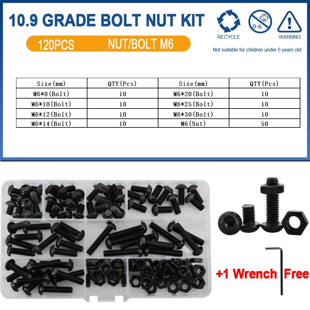 ISO7380 Allen Hexagon Hex Socket Button Round Head Screw Nut Kit M2 M3 M4 M5 M6 Black Grade 10.9 Carbon Steel Bolt Nut Set