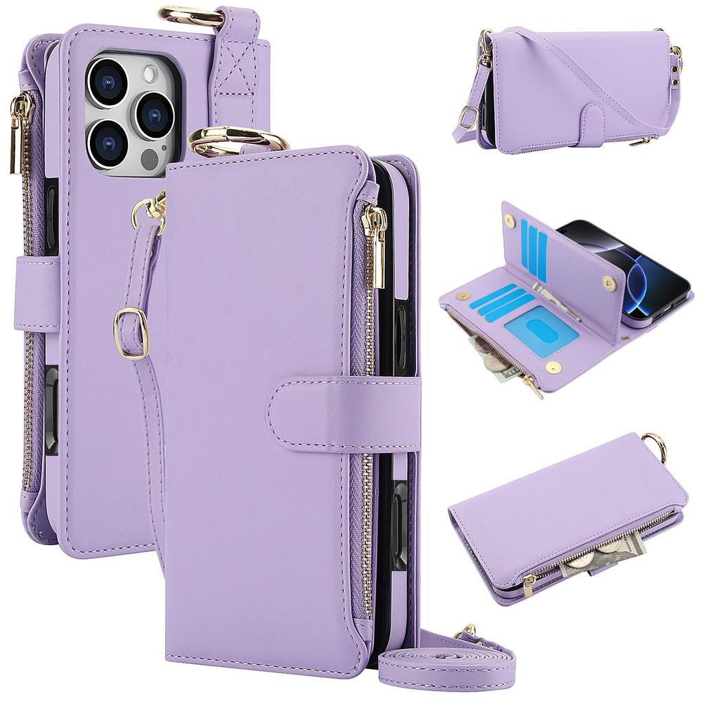 Etui Portfel Skórzany z Miejscami na Karty i Zamkiem Błyskawicznym Etui Klapka na Telefon dla IPhone 17 16 15 14 13 12 11 Pro Max Plus Promax 16e Pierścień Smycz Portmonetka