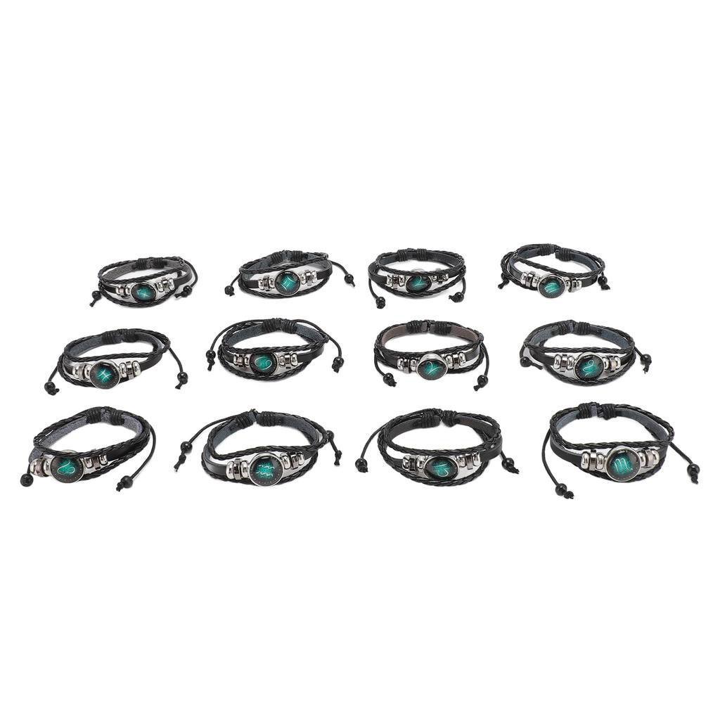 12pcs Zodiac Bracelet Multilayer Woven PU Leather Bracelet Decorative Lightweight Cuff Braided