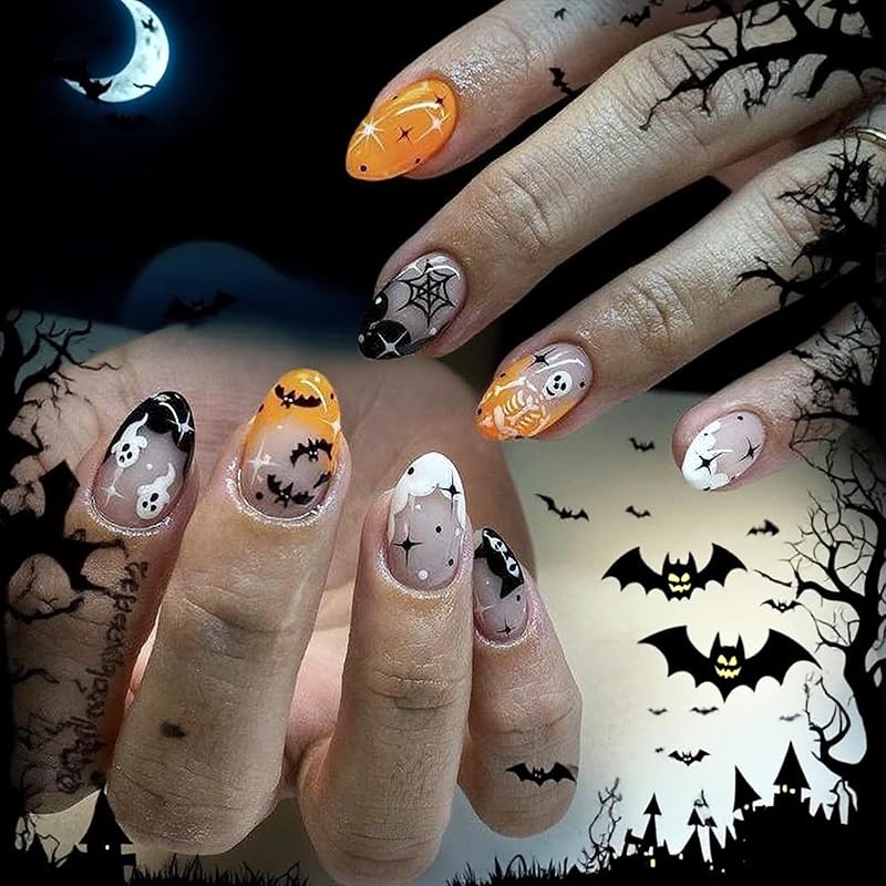 Halloween Press on Nails Medium Almond Fake Nails with Designs Cute Ghost Stick on Nails Rainbow Swirl False Nails Bat Acrylic Nails Cobweb