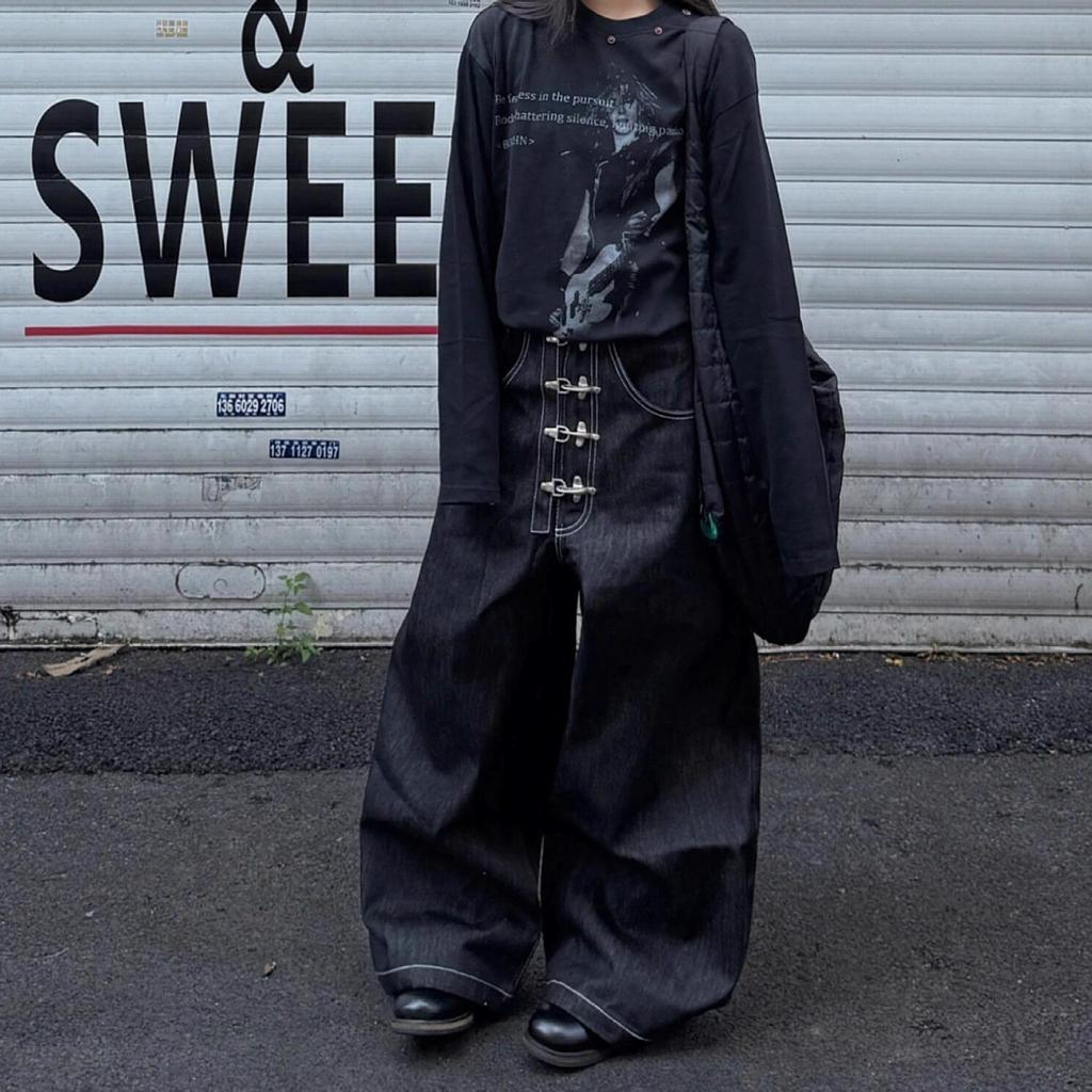 Women’s Multi-button Design Curved Wide-leg Jeans High Waist Straight Baggy Denim Pants Female Vintage Street Style Trouser