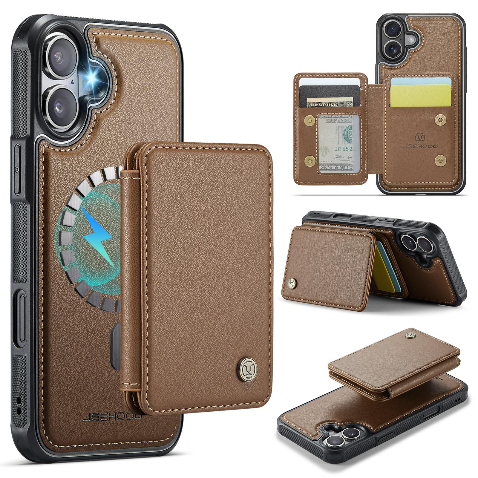 

JEEHOOD J05 For iPhone 16 Case Leather Mobile Cover with Detachable Magnetic Card Bag Brown