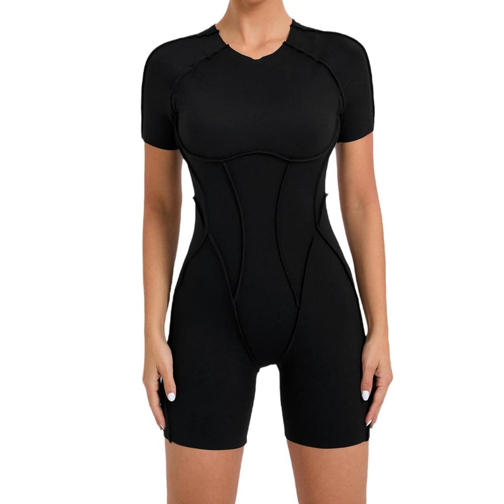 Patchwork Hollow-Back Sports Jumpsuit - Women's Tight One-Piece Fitness Outfit