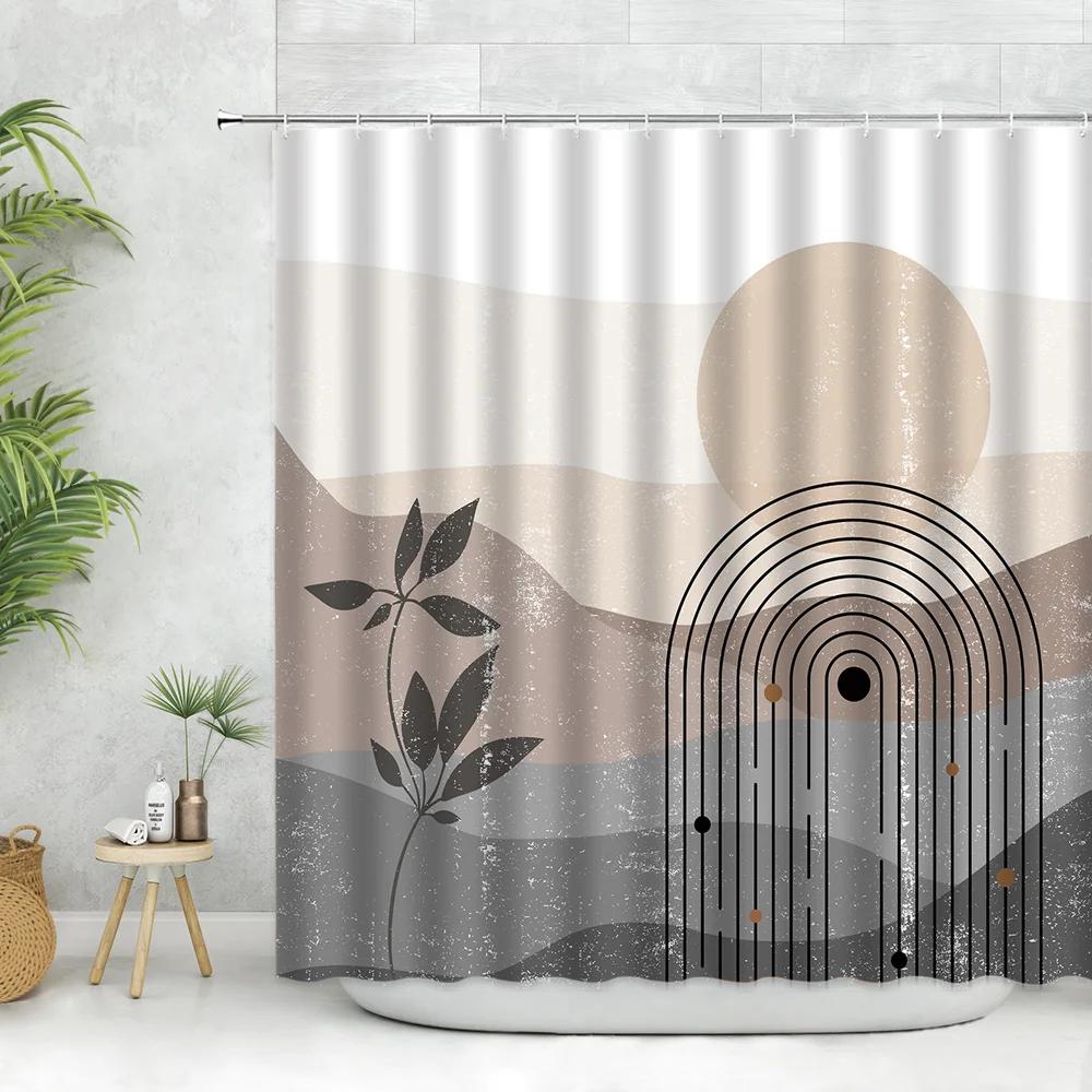 Unframed Abstract Neutral Leaves Simple Bathroom Shower Curtain Mid Century Sun Minimalist Modern Polyester Fabric Decor Bathroo