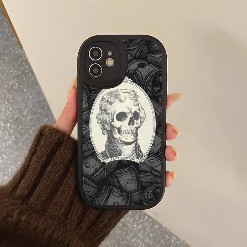 Yinuoda Lustige Totenkopf-Währungs-Telefonhülle, Hartleder-Telefonhülle für iPhone 13 12 Mini 11 14 Pro Max Xs X Xr 7 8 Plus 6 6s Se