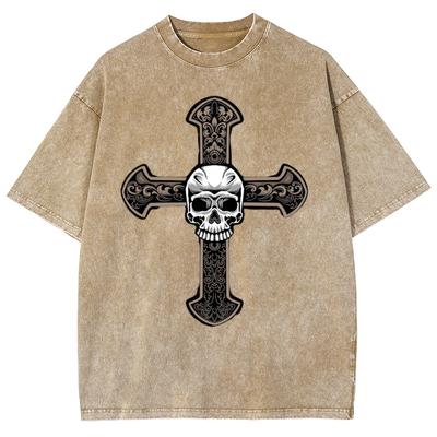 Street Trend Kors Dödskalle Tryck Mode Dam T-shirt Lös Unisex Kortärmad Sommar Rea Retro