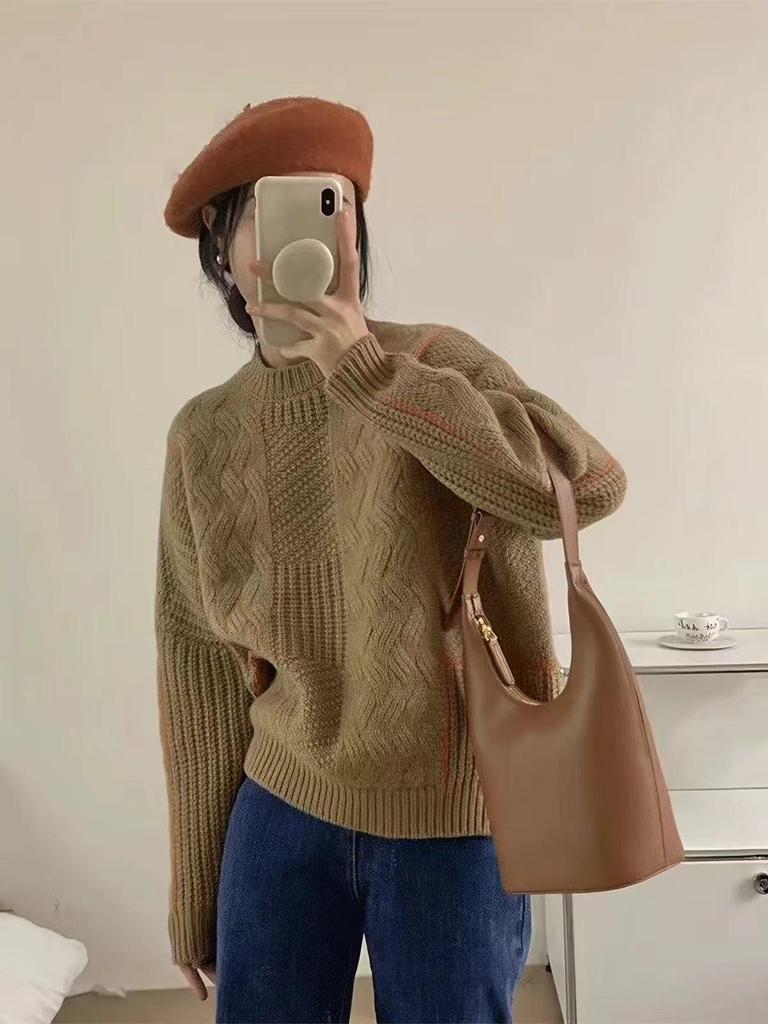 Retro Color Block Women's Pure Wool Cable Knit Sweater - Thick, Loose & Casual Winter Knitwear