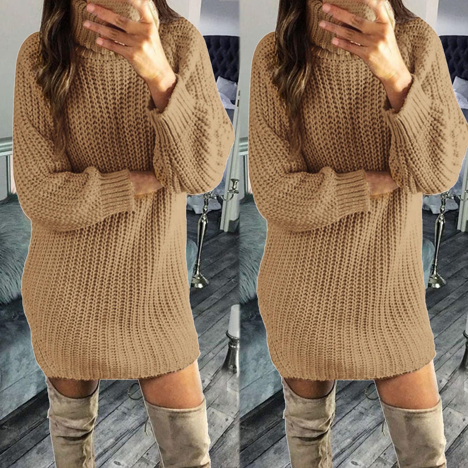 

Модный женский однотонный зимний осенний теплый вязаный свитер с высоким воротником и длинным верхним платьем S хаки