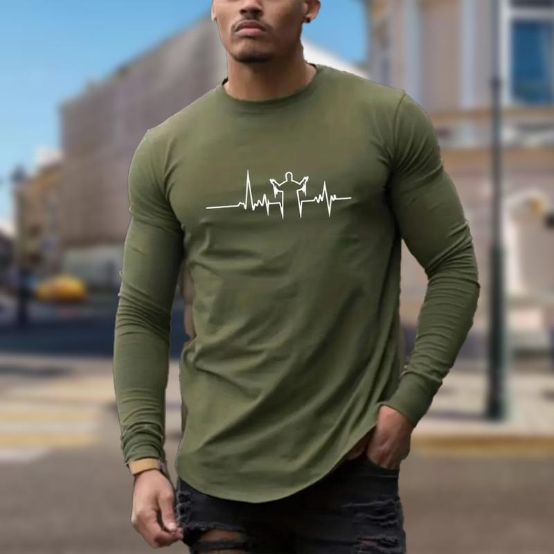 Электрокардиограмма Принт Мужские футболки Длинные рукава Футболки Круглый вырез — фото 4