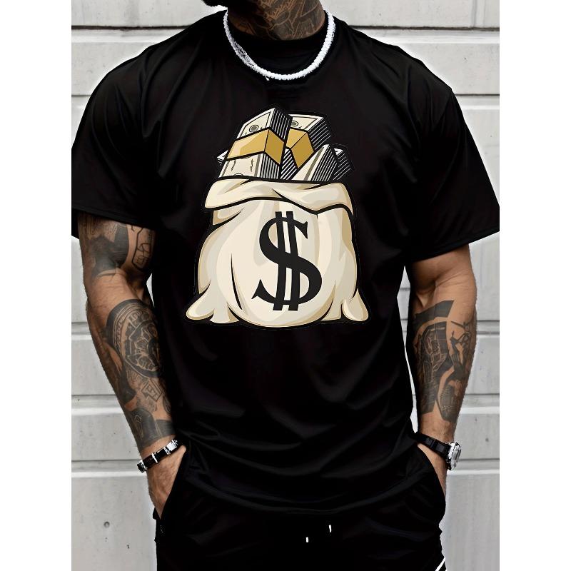 Men'S Black Casual T-Shirt Featuring a Money Bag And Dollar Sign Graphic, Perfect for Street Style And Adult Fashion