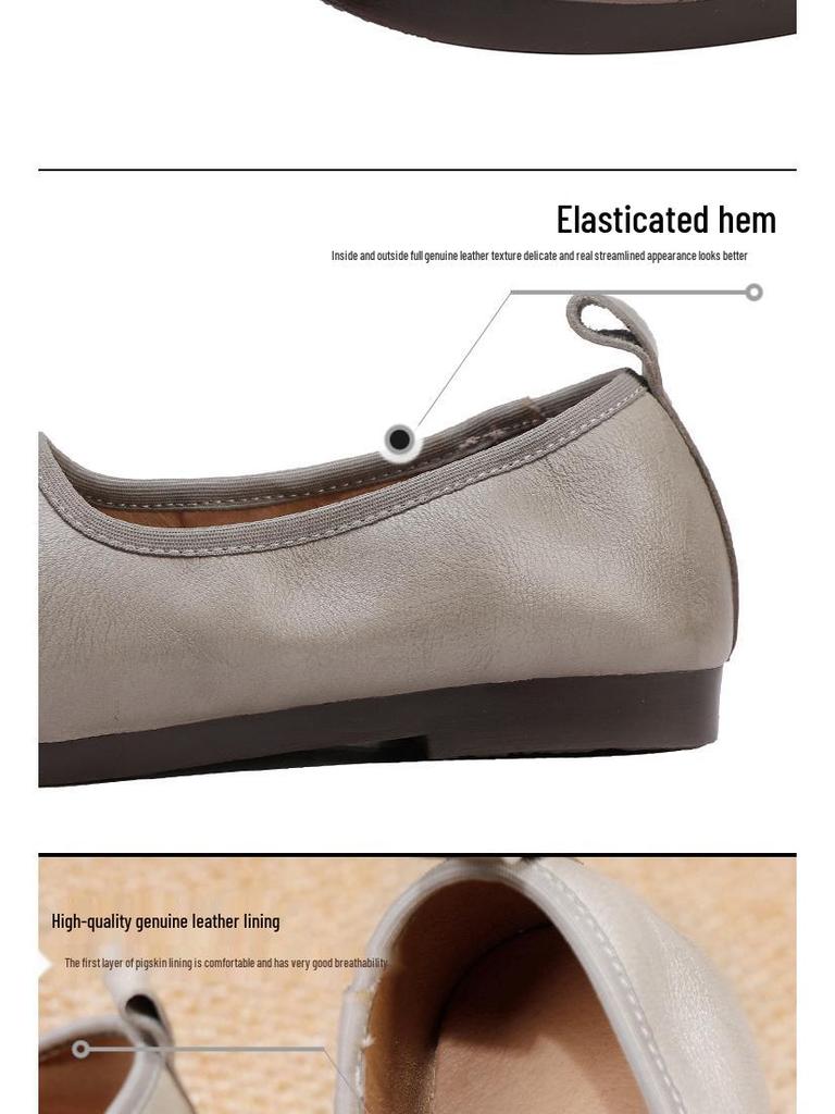 2025 Autumn Women's Retro Genuine Leather Square Toe Slip-On Ballet Flats
