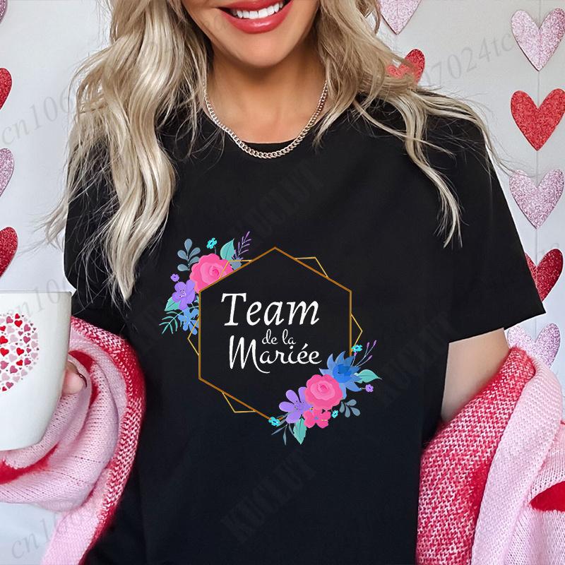 French Women Bridesmaid Team Bride Tshirt Bridal Shower Wedding Tshirt Bachelorette Evjf Party Tops Flower Crown Graphic Tees