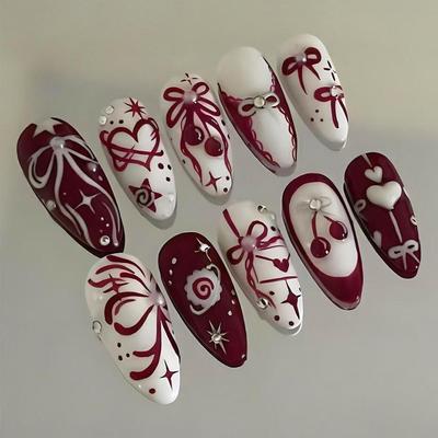 24PCS Ins Red Bowknot French False Nail Tips Sweet Cherry Heart with Diamonds Almond Press On Nail Wearable Fake Nails for Women