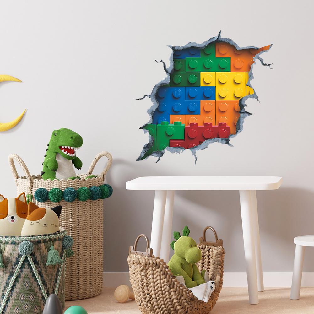 Self-adhesive 3D Wall Stickers Colorful Building Blocks Breaking Through Wall for Kids Room Playroom Home Decor