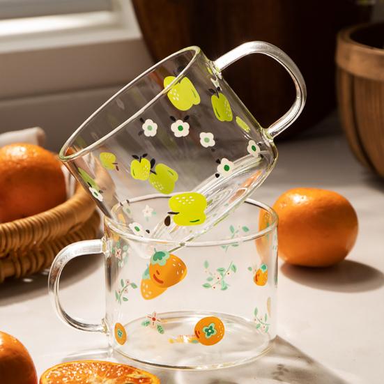 

Стеклянная чашка 500 мл с мультяшным фруктовым принтом, термостойкая чашка для завтрака в скандинавском стиле с ручкой для офиса
