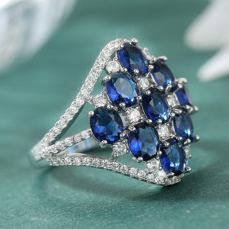 Fashion Charm Shiny Geometry Blue Synthetic Zirconia Ring for Women Elegant Temperament Banquet Celebration Jewelry Accessories