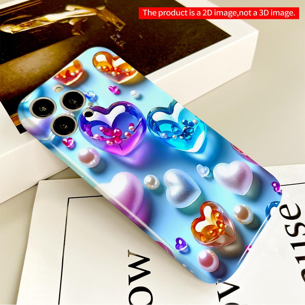 2DFlat Colorful Heart Gems Phone Case All inclusive film hard phone case, compatible with iPhone 18 Pro Max 17 16 15 14 13 12 11