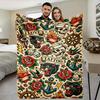 Traditional Tattoo Elements Collection Flannel Blanket, Soft Plush Warm Lightweight for Sofa Bed Office Travel