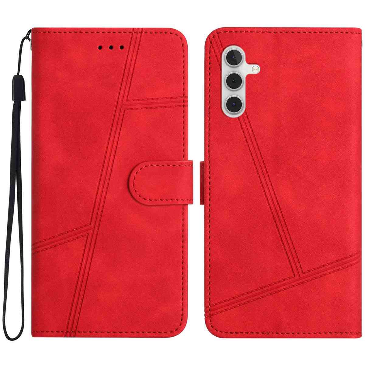

Чехол для Samsung Galaxy S25 FE с тиснеными линиями, откидная кожаная ретро-обложка для телефона с ремешком на запястье Red