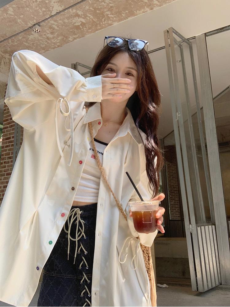 Hong Kong style retro blue plaid shirt blouse, spring niche design cardigan loose versatile shirt trend S белый