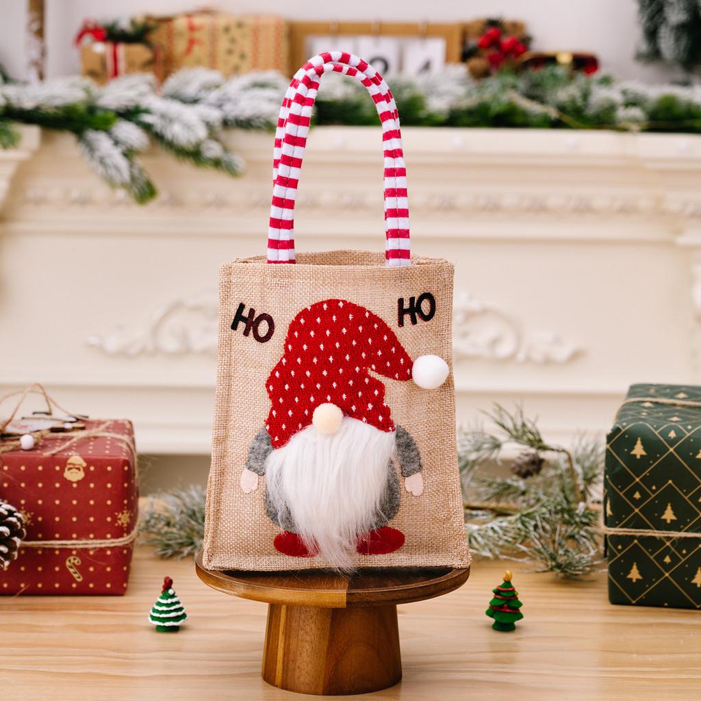 Adorable Cartoon Style Christmas Gnome Burlap Tote Bags For Holiday Gift Giving