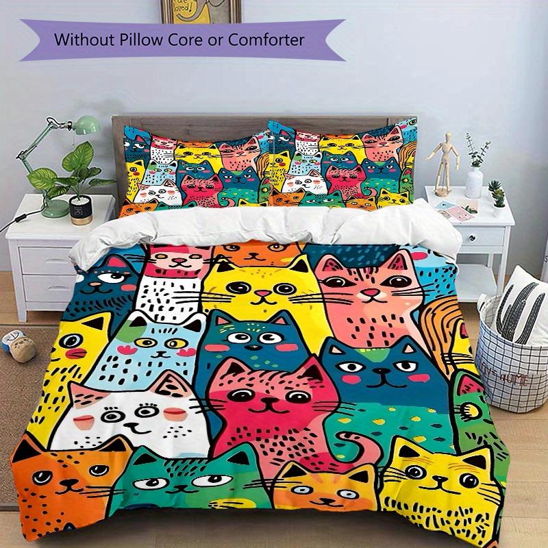 3Pcs Colorful Cats Printed Bedding Set, Breathable And Soft,(Includes 1 Duvet Cover And 2 Pillowcases, Quilt Not Included) yy250815146