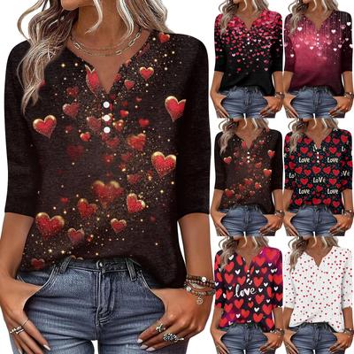 Damen T-Shirt mit Aufdruck, Knopfleiste, 3/4-Ärmel, für den Alltag, Wochenendmode, Basic, V-Ausschnitt, normales Oberteil