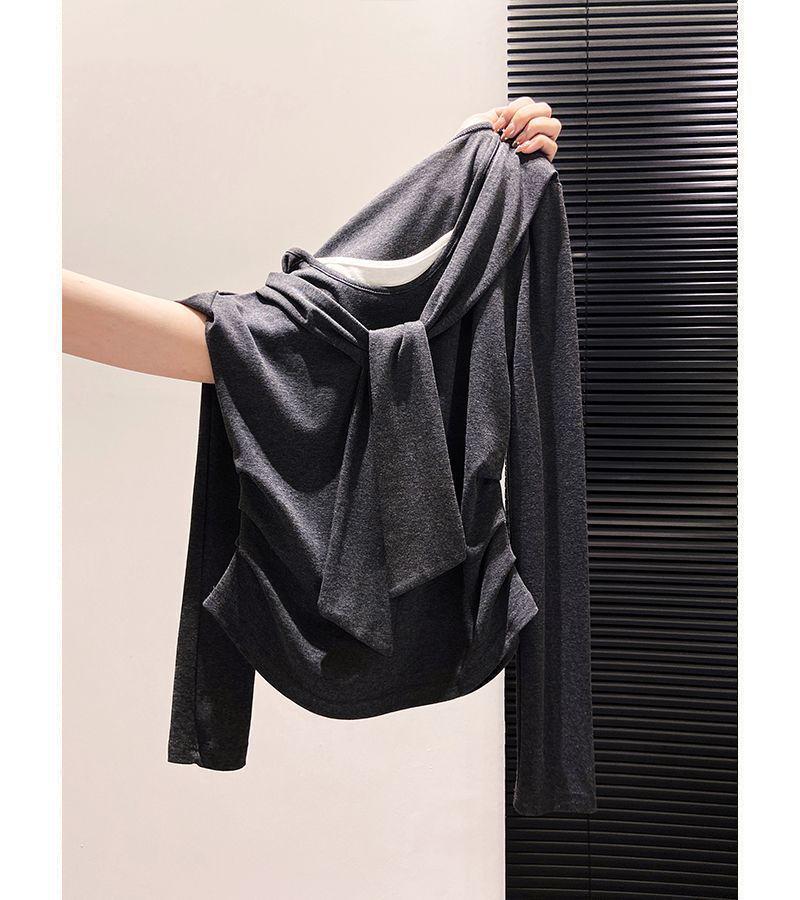 Korean Style Faux Two-Piece Long-Sleeve Shawl T-Shirt for Women - Spring/Autumn Layering Top