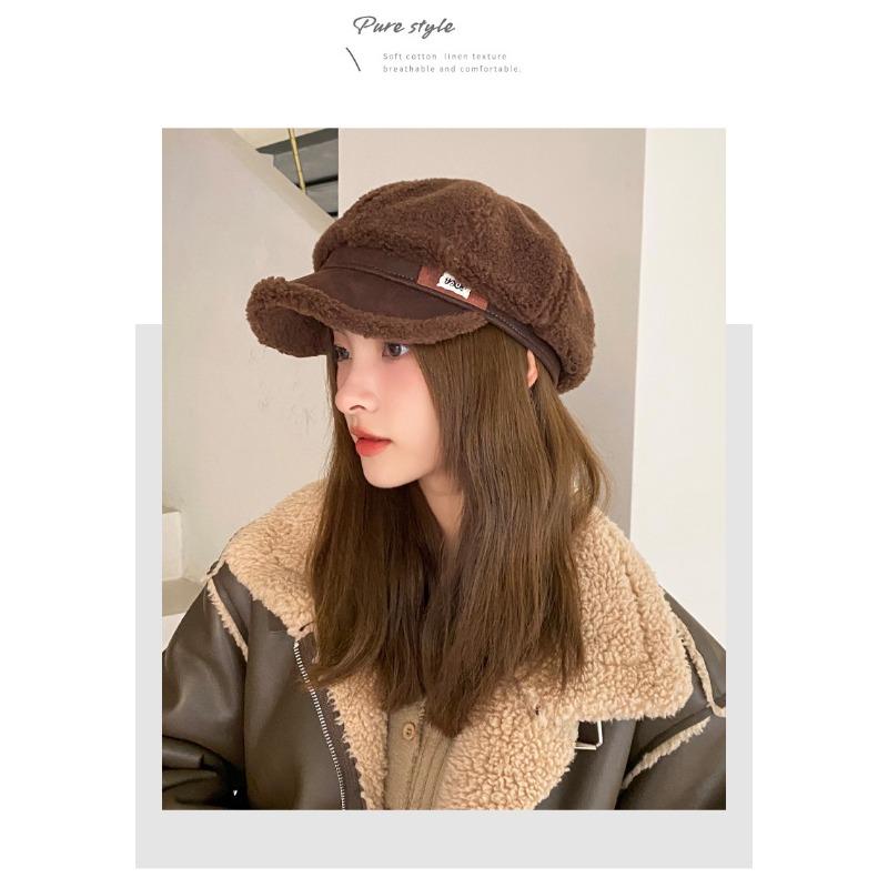 Autumn and Winter New Hat Women's Imitation Lamb Fleece Octagonal Hat Winter Warm and Cold Proof Duck Tongue Hat