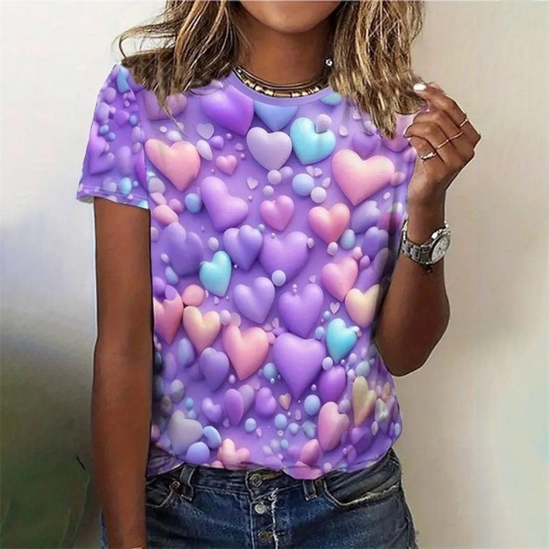 3D Printed Heart Love T Shirt For Women Colorful Glass Pattern Tees Summer Casual T-Shirts Round Neck Tops Loose Short Sleeves