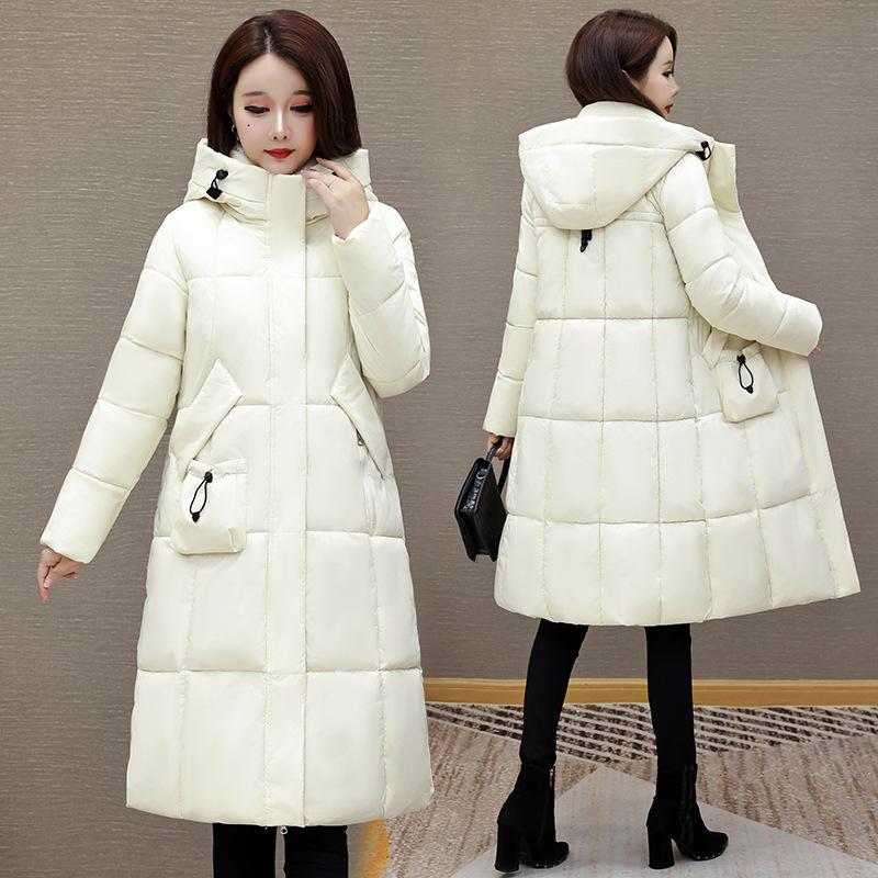 Women's Hooded Long Puffer Coat Drawstring Pockets Zip Up Quilted Solid Color Loose Fit Winter Warm Cotton Padded Jacket
