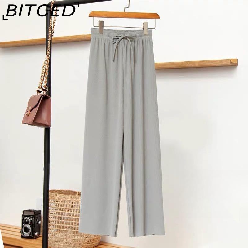 BITCED Ice Silk Cropped Trousers for Women Summer Lightweight High-Waisted Drapey Relaxed Fit Sun Protection Straight-Leg Wide-Leg Trousers