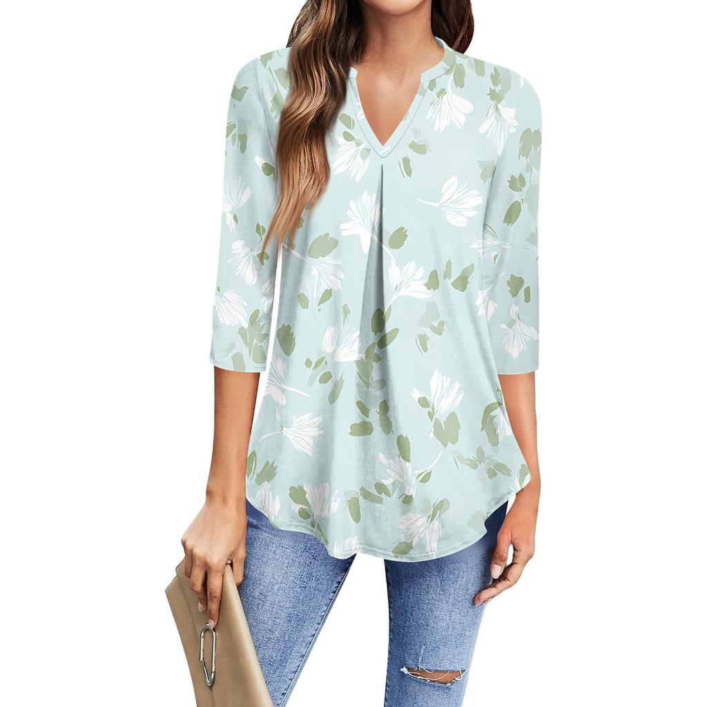 Women's Fashion Casual Three-Quarter Sleeve T-Shirt Printed V-Neck Top