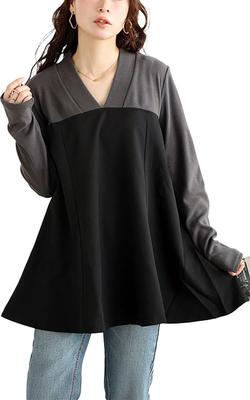 Gold Japan Plus Size Long Stretch Winter Size Women's Tunic, Sleeve, V-Neck, Docking, Bustier, Ribbed, Outfit, Fall/Winter/Spring, Charcoal, 3L,