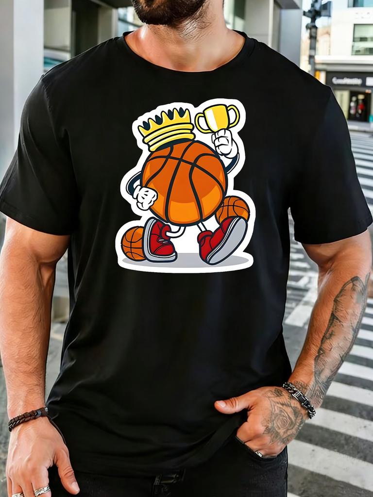 Trendy Unisexs Cotton Tshirt King Basketball Character With Trophy Graphic Short Sleeve Crew Neck Loose Sports Travel Casual Wear