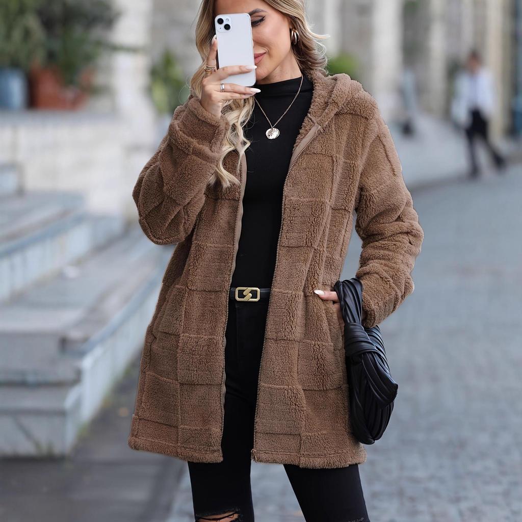 Plus Color European & American Women's Hooded Long Plush Cardigan - Autumn/Winter Collection