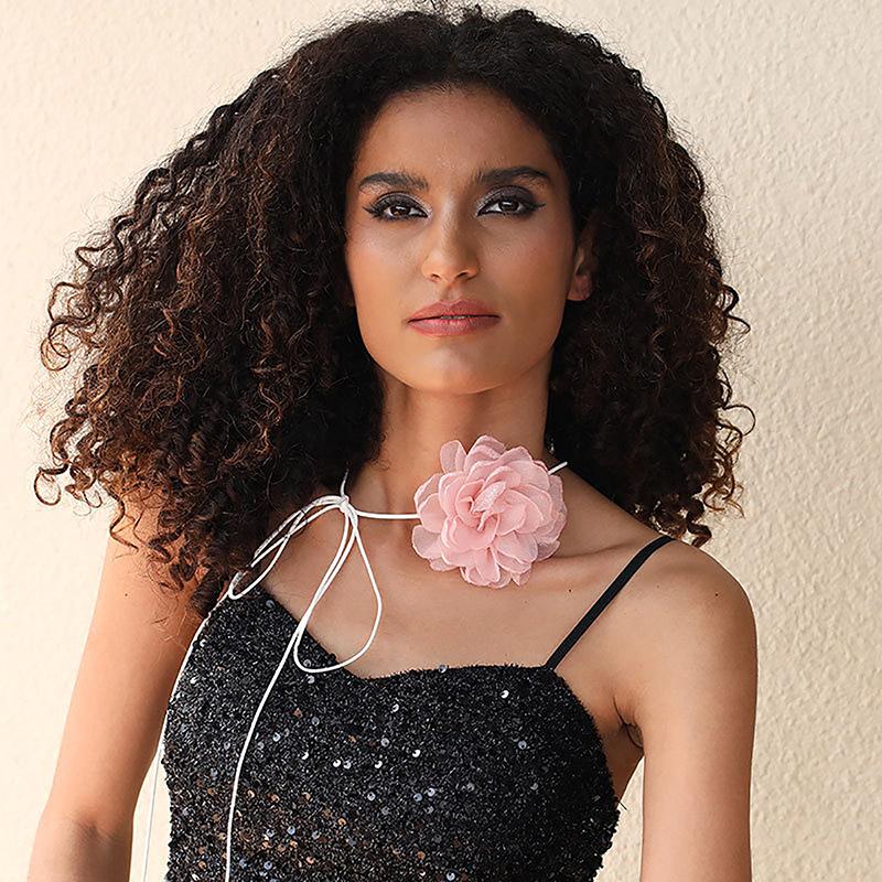 Fluffy Fabric Lace Flower Choker Necklace For Women Trendy Elegant Long Lace-Up Rope Chains On Collar Jewelry