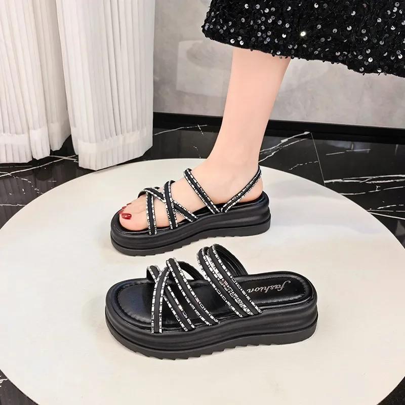 Fashion Roman New Fashion Summer Round Open Toe Sexy Thick Bottom Women's Versatile Casual Beach Large Size Flat Sandals Slippers