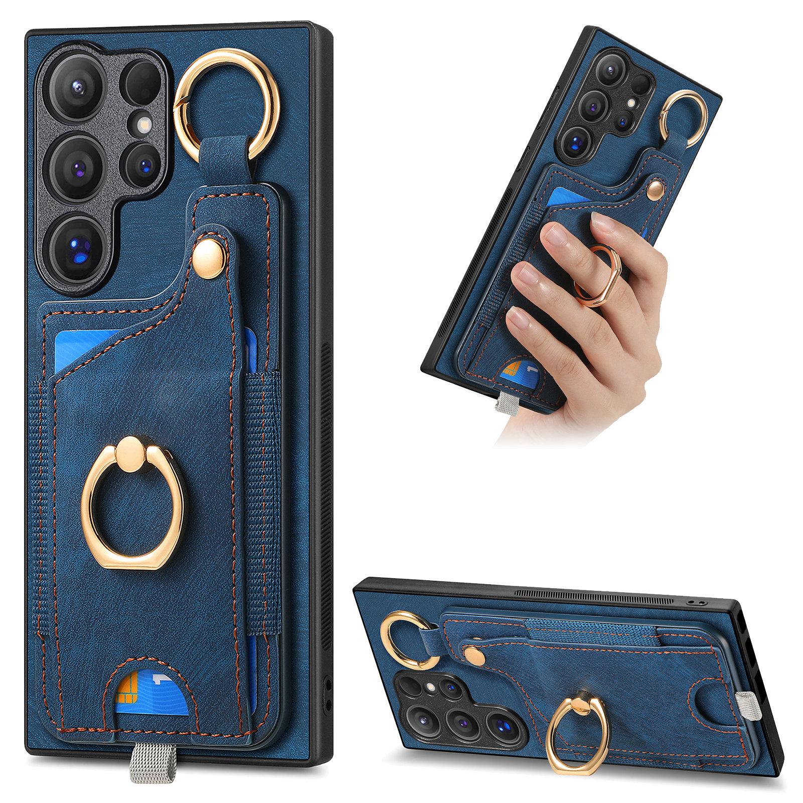 Чехол-накладка из ретро-кожи для Samsung Galaxy S25 Ultra с отделениями для карт и кольцом-держателем E