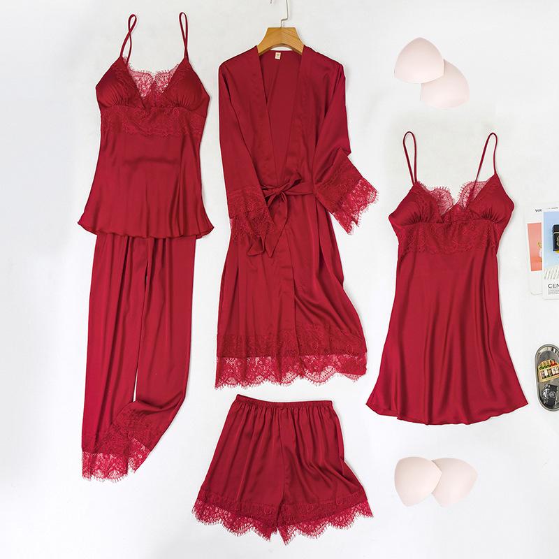 Yao Ting Satin Chiffon Five-Piece Pajama Set: Ice Silk, Casual, Sexy, with Chest Pads for Spring/Summer