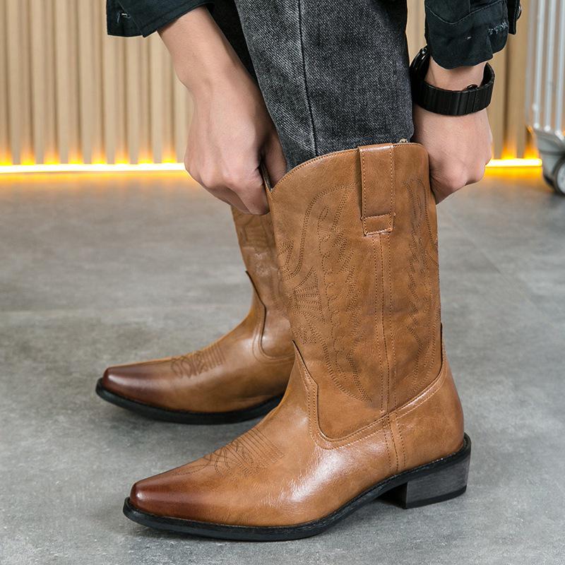 Stivali da Cowboy Western in Pelle Retrò da Uomo, Punta Acuta, Taglia Grande, Tacco in Legno, Stile Cavaliere.