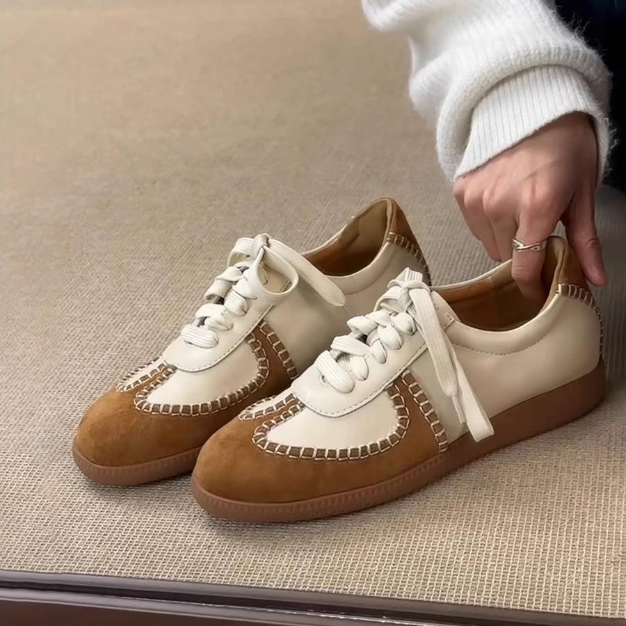 Cowhide Version~ American Retro Style Moral Training Shoes Women's New Round Head Color Matching Soft Sole Casual Sports Shoes Versatile Single Shoes
