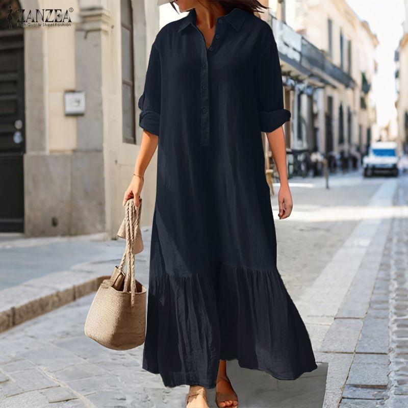 ZANZEA Women Casual Turn Down Collar Solid Color Long Sleeve Dress