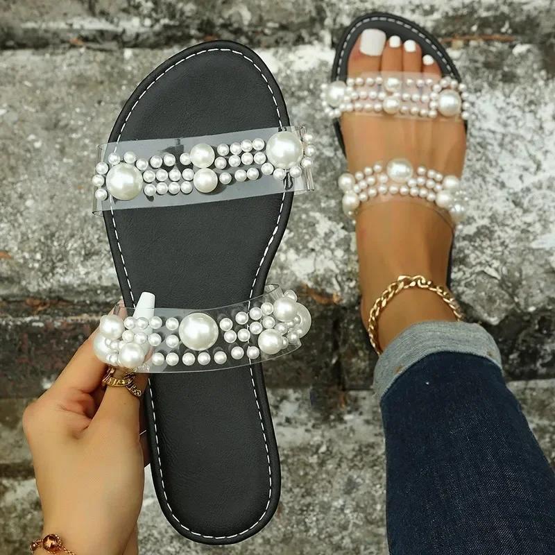Fashion Big Size 43 Slippers for Women's Shoes Summer New Transparent Band Pearl One Word Strap Flat Sandals Casual Slides