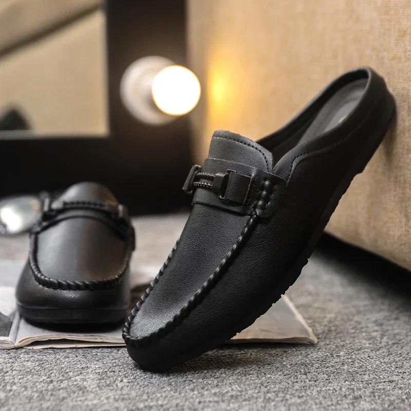 Fashion Summer Leather Men's Half-slipper Breathable Men's Casual Shoes Comfortable Walking Loafers Shoes