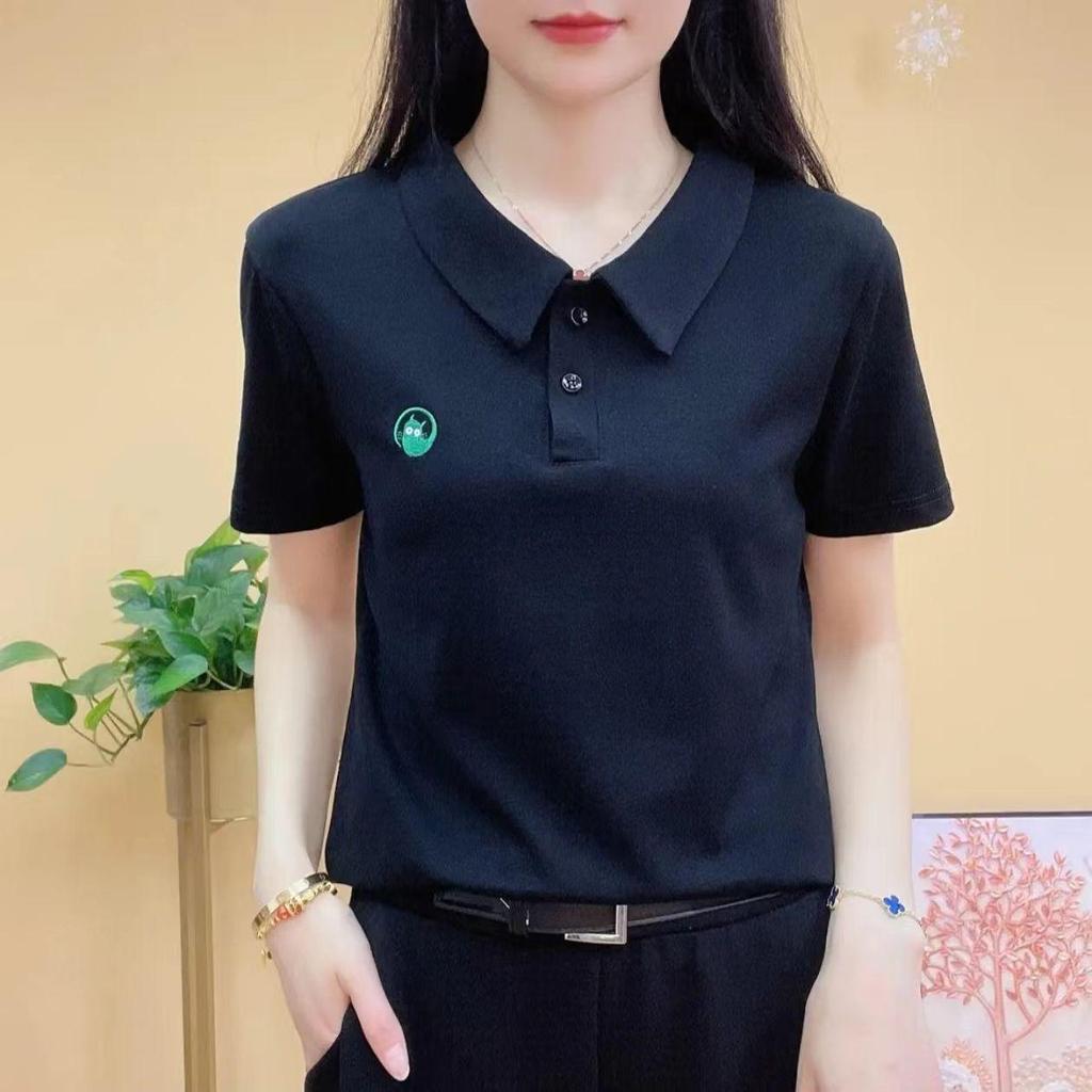 Women's Slimming Casual Short Sleeve T-shirt Blouse with Embroidered Peter Pan Collar - Summer Fashion