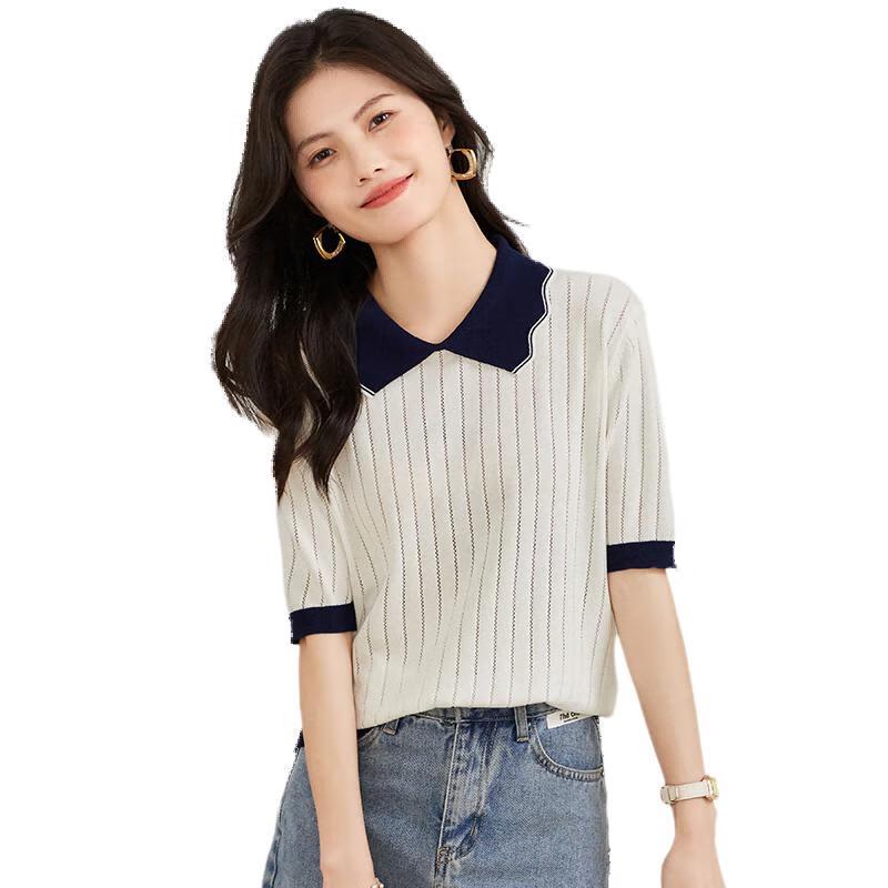 Women's Doll Collar Color Block Knit Short Sleeve T-Shirt
